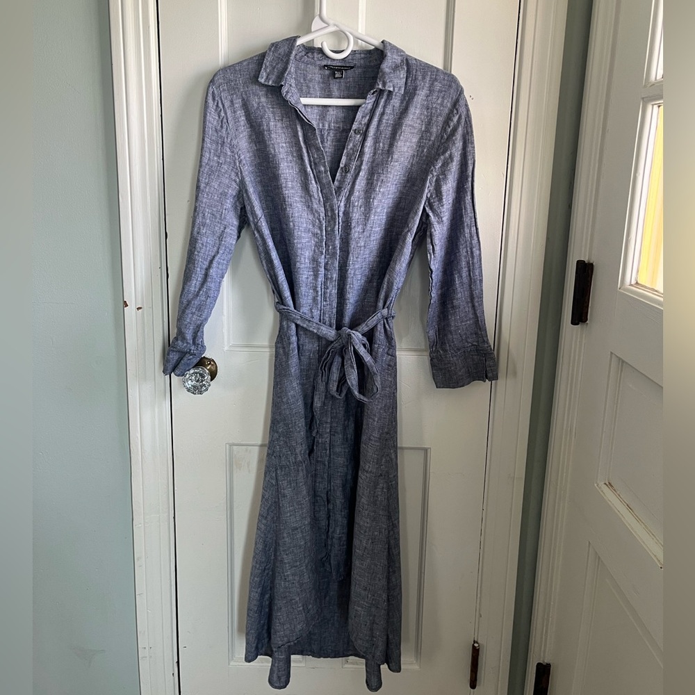 Saks Fifth Avenue Blue Chambray Linen Tie-Waist Midi Shirtdress Dress M